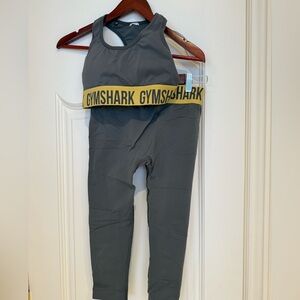 Gymshark Charcoal Sports Bra and Leggings with Yellow Band